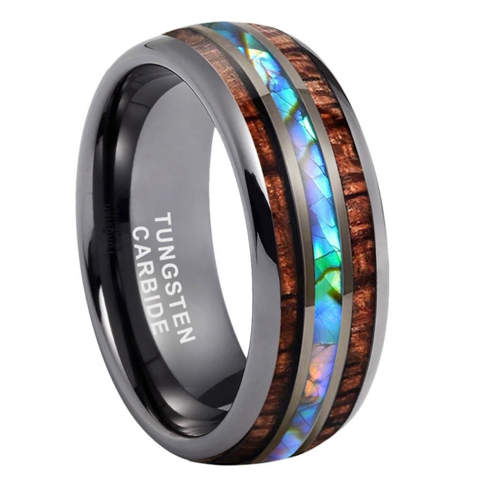 Tungsten Carbide Koa wood abalone shell gunmetal wedding ring‎ band NEW Size 10